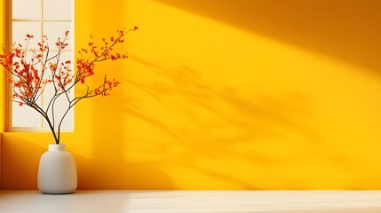 Poster - Minimalist 3D studio room with ochre background empty floor and wall product podium shadow overlay from window to countertop mockup showcasing sunlight and clean design