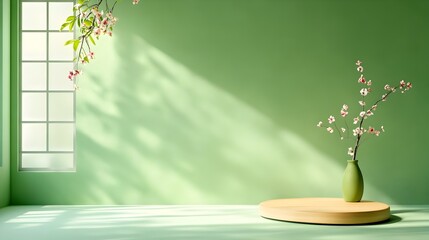 Poster - Minimalist 3D studio room with olive green background empty floor and wall product podium shadow overlay from window to countertop natural sunlight mockup