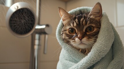 Poster - Cat Wrapped in Towel After Bath in Cozy Environment