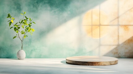 Poster - Sienna Toned 3D Studio Room with Empty Floor and Wall Product Podium and Sunlit Shadow Overlay Mockup Clean and Minimalist Interior Design Concept for Product Display or Presentation