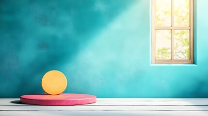 Poster - Minimalist and modern 3D studio room with teal background empty floor and wall product podium shadow overlay from a window and a mockup featuring natural sunlight