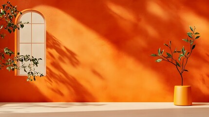 Poster - Minimalist 3D studio room setting with earthy terracotta backdrop empty floor and wall featuring a product display plinth under natural sunlight filtering through a window aperture  The clean