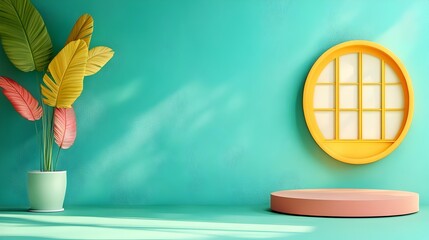 Poster - Minimalist 3D studio room with turquoise background empty floor and wall product podium window shadow overlay on countertop and mockup in natural sunlight