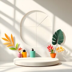 Poster - Minimalist 3D studio room with a white background empty floor and wall and a product podium setup  The scene includes a shadow overlay from a window creating a warm sunlit atmosphere for the clean