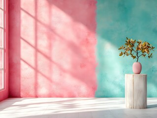 Poster - Dramatic 3D photographic studio scene featuring boysenberry colored walls a minimalist floor and display pedestal and a product mockup highlighted by dramatic window lighting and striking shadows