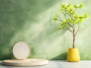 Poster - Sleek minimalist 3D studio scene featuring a clean gray backdrop and a simple product podium bathed in soft directional sunlight  The digital mockup creates a serene