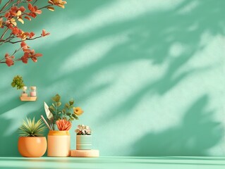 Poster - Serene and Minimalist Studio Scene with Pale Sage Green Background Empty Floor and Wall Product Display Plinth Shadow Overlay from Window to Countertop and Warm Toned Lighting