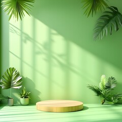 Poster - 3D studio scene with lush green screen empty floor and wall product display podium dramatic shadow play from window lighting perfect for modern product showcase or minimalist branding design