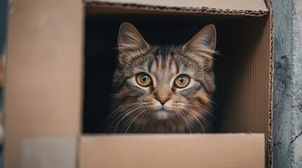 Poster - Cat Peeking from a Cardboard Box in Soft Lighting