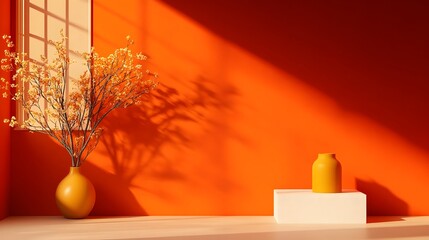 Poster - Elegant and minimalist 3D studio space with a deep crimson red background featuring an empty floor and wall with a product display plinth