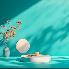 Poster - Serene 3D studio setting featuring an azure gradient background simple concrete surfaces and directional lighting from a window creating tabletop shadows