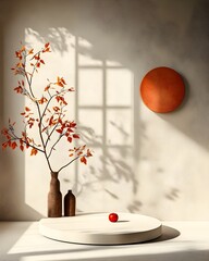 Poster - Bright 3D studio space with a plain white floor and walls a central product platform and directional shadows from a side window creating a digital mock up with a soft sunlit atmosphere