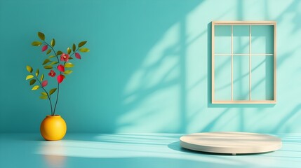 Poster - Tranquil 3D studio setting with calming sky blue backdrop clear walls and floor product showcase pedestal