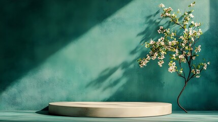 Poster - Minimalist 3D studio space with deep forest green backdrop bare floor and wall product exhibition stand dramatic shadow overlay from window to countertop