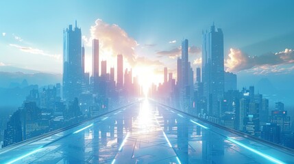 futuristic city with skyscrapers and a long road into the horizon