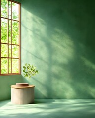 Poster - Minimalist 3D studio space with a forest green environment blank floor and wall and a product showcase podium under window lighting casting shadows across the countertop featuring a digital product