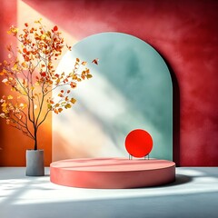 Poster - Sleek and Modern 3D Studio Space with Maroon Accents and Clean Empty Product Display Podium Soft Natural Lighting Filtering Through Window Casting Shadow Effect on 3D Rendered Product Mockup