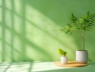 Poster - Serene and Minimalist 3D Studio Space with Chartreuse Background Bare Walls and Floor Central Display Platform and Soft Window Cast Shadows on the Tabletop Showcasing a Sunlit Product Mockup Design