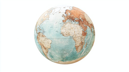 3d realistic rendered of planet earth sphere png on a white background aged old look model geography stand with political borders, global ball shape made of paper