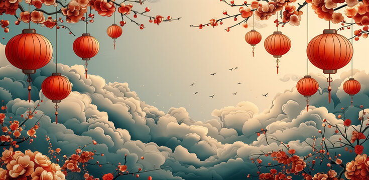 Chinese style poster background, Chinese New Year theme for text or wishes, traditional culture, festive image 