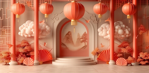 Chinese style poster background, Chinese New Year theme for text or wishes, traditional culture, festive image 