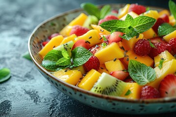 Wall Mural - vibrant fruit salad exotic lychee mango fresh kiwi healthy food free v text space job vegetarian id