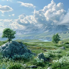 Poster - Serene Mountain Meadow Landscape Illustration