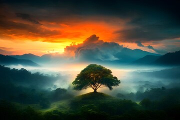 Poster - Breathtaking sunset sky with fantastical cloud structures dynamic play of light and shadow otherworldly ambiance lush and verdant environment painterly digital art technique