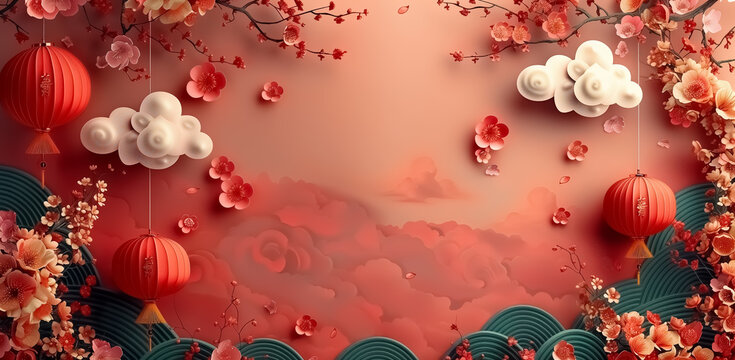 Chinese style poster background, Chinese New Year theme for text or wishes, traditional culture, festive image 