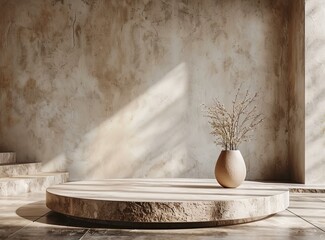 Wall Mural - Minimalist Beige Interior Display with Round Wooden Platform