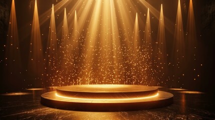 Golden stage with spotlights and floating dust particles