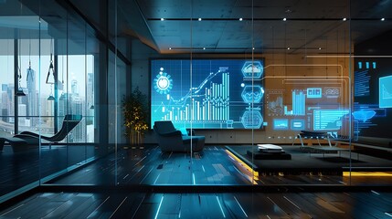 Poster - A modern office with holographic budget forecasts and financial planning tools floating around