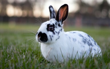 black & white rabbit in grass. a black and white rabbit sits in tall green grass, looking alert and 