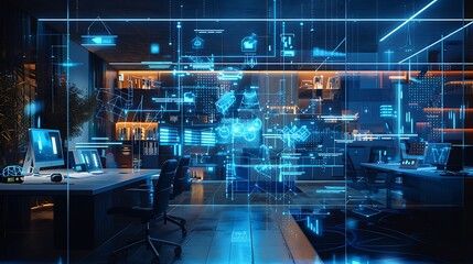 Aufkleber - A modern office with holographic budget forecasts and financial planning tools floating around