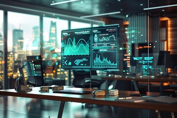 Aufkleber - A sophisticated office with a holographic financial dashboard and market trends floating in the air