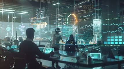 Aufkleber - A virtual meeting with participants discussing floating holographic financial graphs and market insights