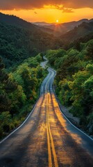 Poster - A long road with trees on both sides and a sun in the sky