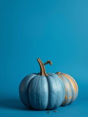 Wall Mural - Two blue pumpkins stand against a simple yet festive blue backdrop with copy space halloween backdrop