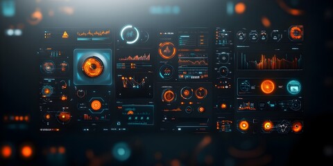 Poster - Futuristic digital landscape showcasing intricate and sophisticated user interfaces with vibrant color palette dramatic chiaroscuro lighting and a retrofuturistic Bauhaus inspired aesthetic