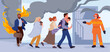 © Natalia - Evacuation of people from apartment building on fire by firefighter. Father running to exit door with child in hands, woman holding dog, man leaving house with bag cartoon vector illustration