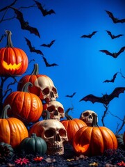 Wall Mural - Vibrant halloween scene with colorful pumpkins spooky skulls and eerie bats against a bright blue backdrop halloween backdrop