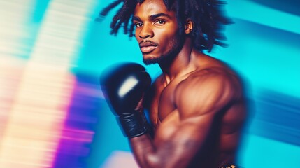 young Black man with dreadlocks, wearing leopard print shorts and a tank top, practicing boxing moves in a high energy gym with motion blur in the background