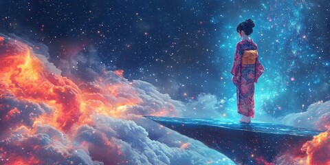 Woman in kimono stands on a cloud in space.