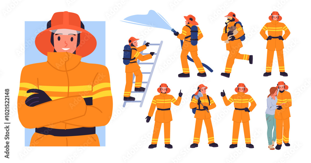 Firefighters at work set. Fireman in uniform with firefighting ...
