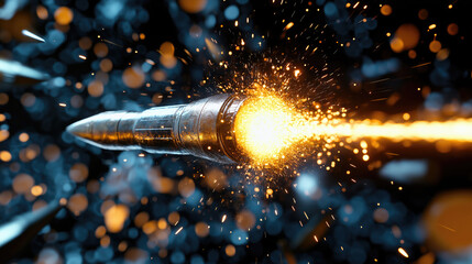 A dynamic close-up of a bullet in motion, surrounded by glowing sparks and bokeh lights, showcasing energy, speed, and impact in a futuristic style.