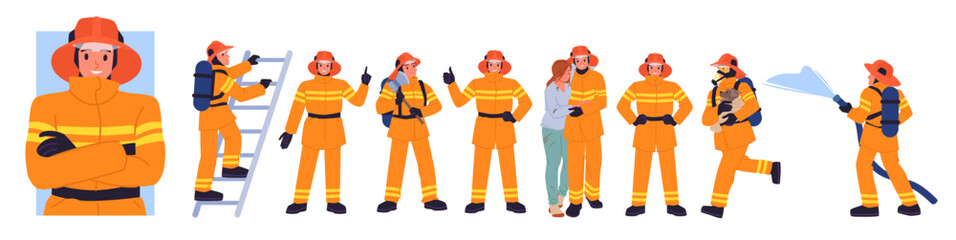 Firefighters at work set. Fireman in uniform with firefighting equipment, characters holding hose to put out flame and ladder, emergency workers save girl from fire cartoon vector illustration