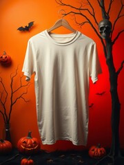 Wall Mural - White t-shirt mockup with halloween decor on orange halloween background halloween backdrop