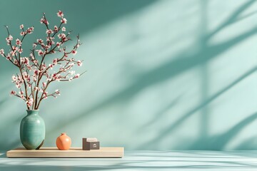 Poster - Turquoise Blue 3D Studio Space with Sparse Decor Elevated Platform for Product Display Dramatic Shadows from Window Illumination and Sleek Mockup Showcase in High Key Lighting