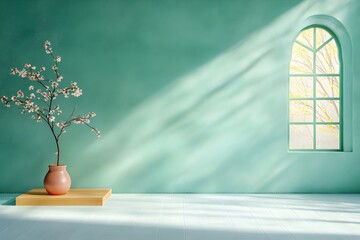 Poster - Turquoise Blue 3D Studio Space with Sparse Floor and Wall Decor Product Display on Elevated Platform Dramatic Shadows from Window Illumination Sleek Mockup Showcase