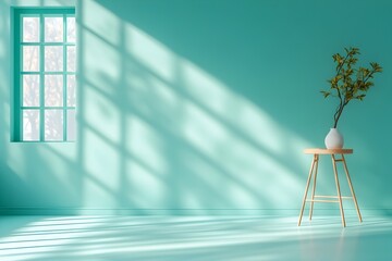 Poster - Turquoise 3D studio space with sparse floor and wall decor elevated product display platform dramatic shadows from window illumination sleek mockup showcase